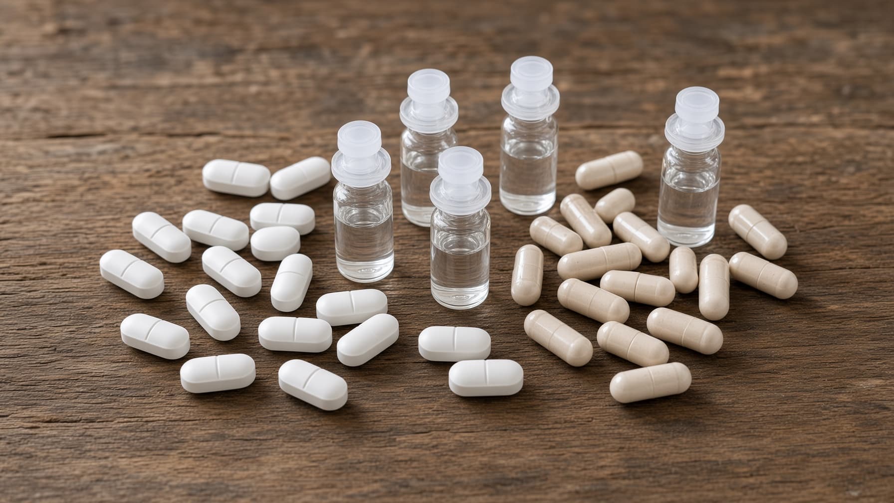 Cápsulas de colágeno, Pastillas blancas de magnesio, y cinco viales bebibles de ácido hialurónico sobre una mesa de madera rústica.