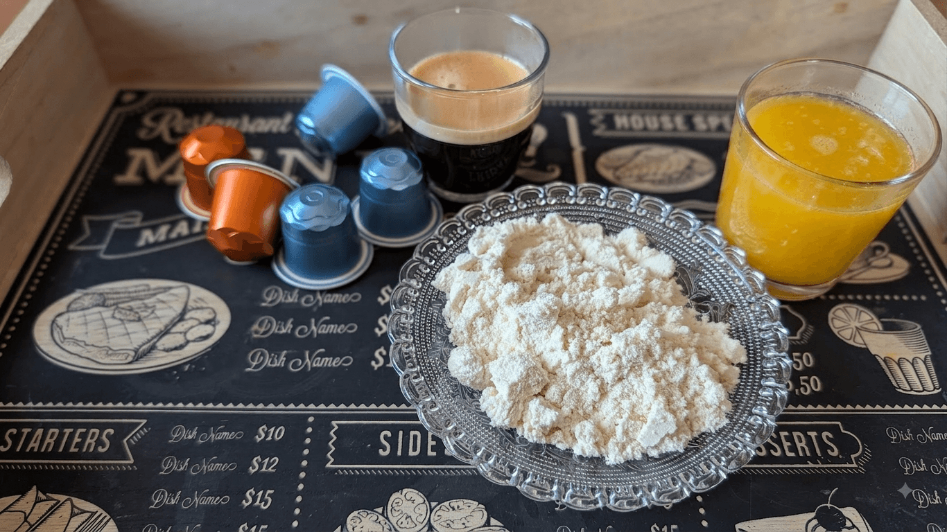 Bandeja de madera con un plato de cristal con colágeno en polvo, cápsulas de café, un vaso de café expreso negro y un vaso de zumo de naranja