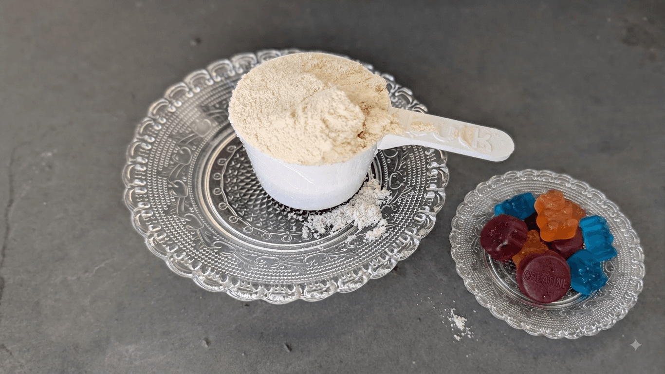 Creatina en polvo en cucha de medición sobre plato de cristal junto a otro plato de cristal que contiene gominolas de creatina