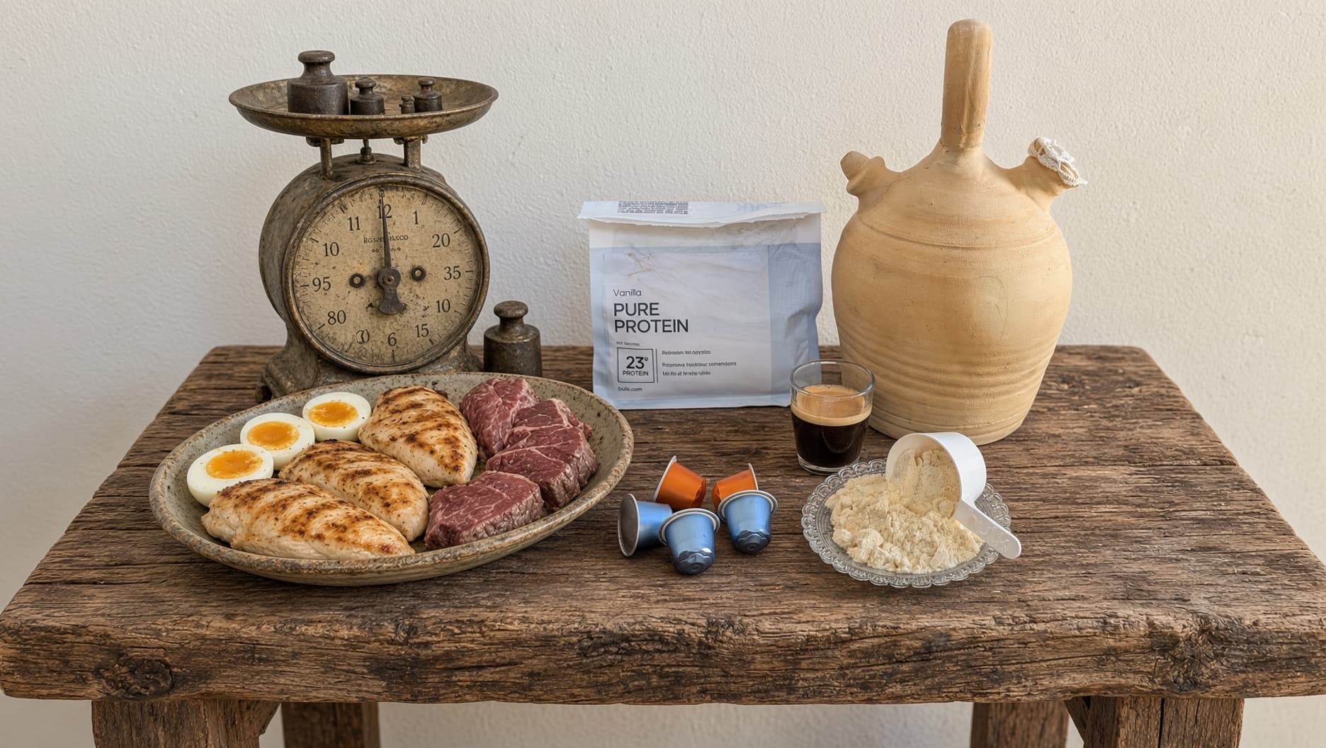 Báscula de pesas antigua con En polvo, platido de cristal con cuchara medidora de proteína en polvo, un botijo con una tapa de ganchillo para el orificio, cápsulas de café y un vasito con café negro, y un plato con huevos cocidos, pechugas de pavo y carne roja cruda