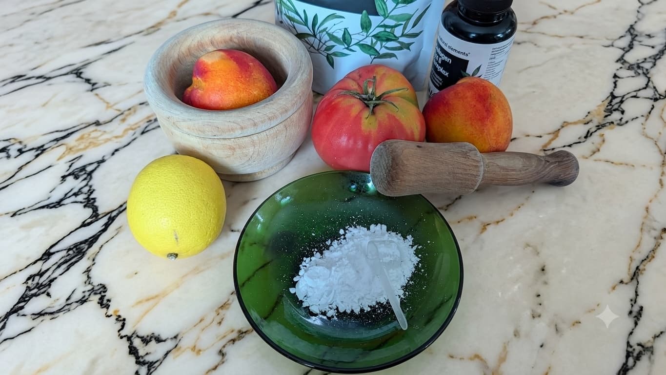 Creatina en polvo, paquete de proteína y bote de cápsulas de colágeno con limón, mortero de mader, nectarina y tomate sobre fondo de mármol