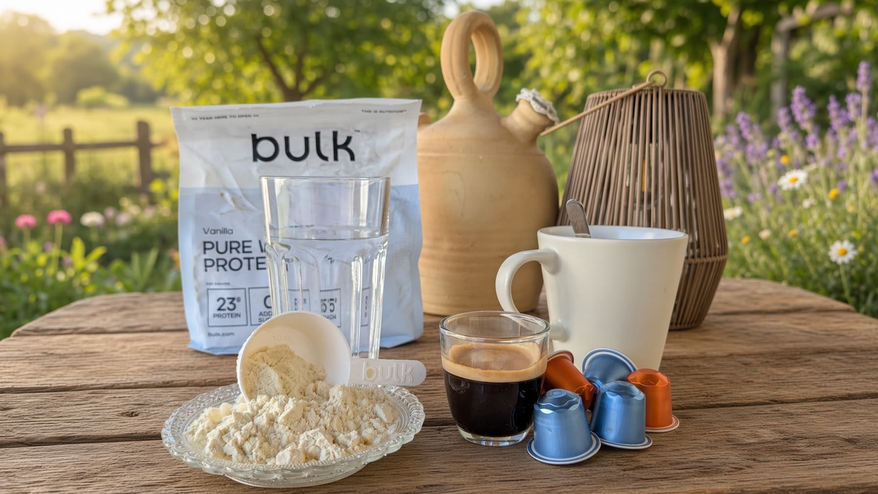 Mesa de madera con platito de proteína en polvo, bolsa de proteína en polvo (el paquete), botijo, farolillo de caña, taza con cucharilla y vasito de café negro con cápsulas tipo nespresso. De fondo un jardín con flores y árboles.