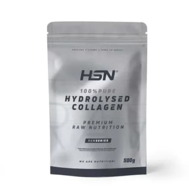 500 gramos de colágeno hidrolizado de origen bovino de la marca Hsn. Es la típica bolsa de plástico rígido que se tiene de pie y tiene autocierre en la zona superior, de color plateado.
