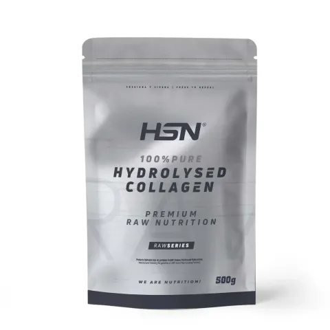 500 gramos de colágeno hidrolizado de origen bovino de la marca Hsn. Es la típica bolsa de plástico rígido que se tiene de pie y tiene autocierre en la zona superior, de color plateado.